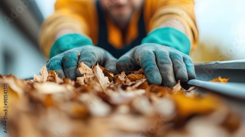 A person wearing gloves is cleaning dried leaves from the gutter using both hands, representing the essential maintenance task for preventing blockages.