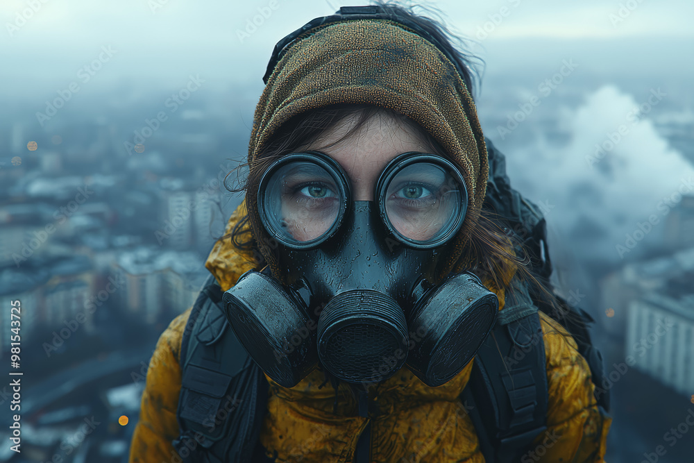 A person wearing a gas mask in a city shrouded in smog. Concept of air pollution and its link to climate change.