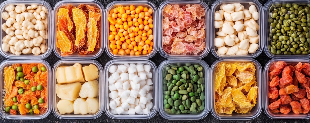 Close-up of dehydrated food packs arranged neatly for a multi-day trek, hiking trail gear, nutrition on long hikes