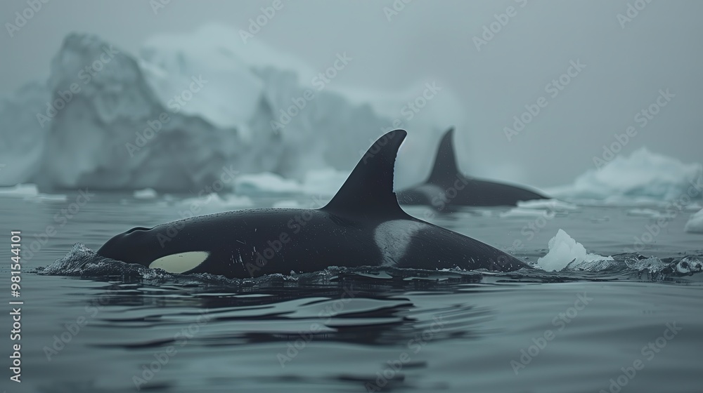 Fototapeta premium Pod of orcas or killer whales swimming in formation through the Antarctic seas