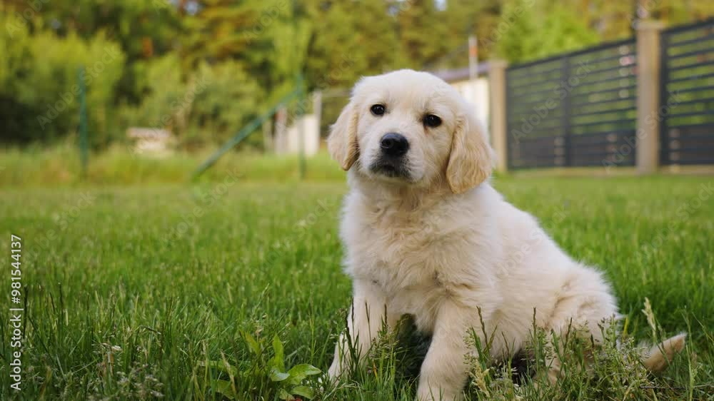 Golden retriever dog puppy sitting in grass Golden retriever dog puppy sitting in grass