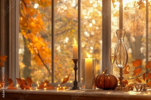 Autumn Decor Arrangement With Candles and Pumpkin by a Window During Sunset