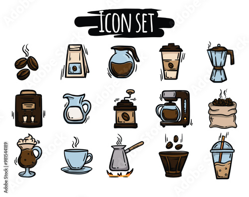 Simple vector hand drawn icon set related to coffee, drinks, cafe. Signs and symbols of coffee beans, coffee machine, accessories for making cappuccino, latte