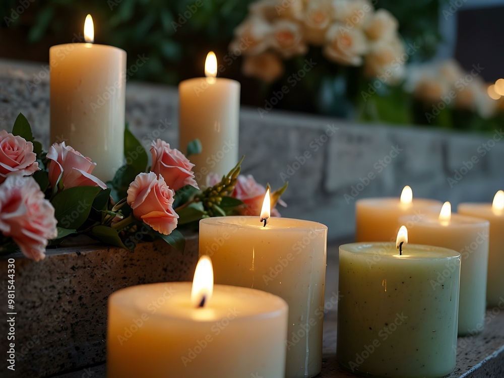 Serene Candles with Floral Arrangement at Memorial Serene Candles with Floral Arrangement at Memorial