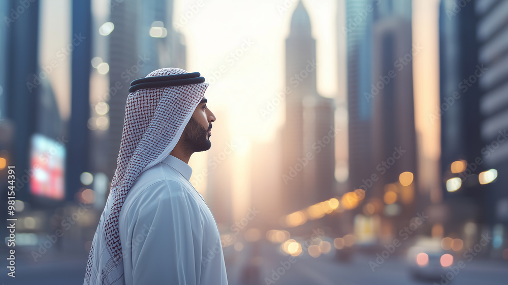Obraz premium figure of an Arab businessman in traditional attire is overlaid on a bright, vibrant modern cityscape. The city should include elements of modern business, such as corporate towers