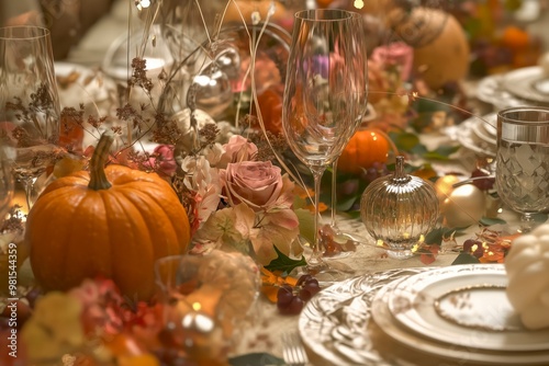 Autumn Harvest Table Setting With Pumpkins, Flowers, and Elegant Glassware for a Festive Gathering