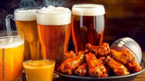 Buffalo Chicken Wings With Assorted Craft Beers on a Wooden Table During a Game Night