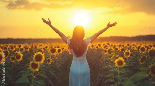 A woman is standing in a field of sunflowers, with her arms raised in the air