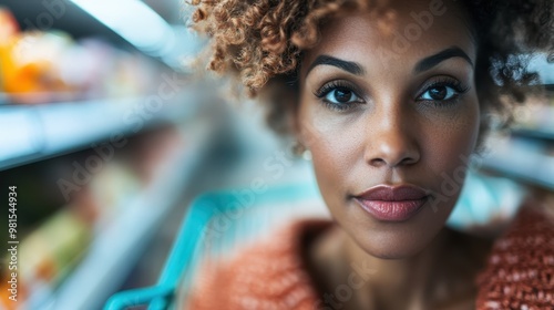 A portrait of a young woman deep in thought in a brightly lit supermarket aisle, representing contemplation, the bustle of urban life, and consumer culture. photo