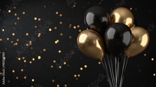 Gold and black balloons on black background with glitter. Background with negative space for celebration, black friday and new year.