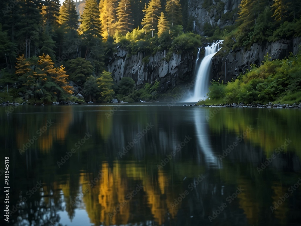 Serene lake reflection with a solitary figure and waterfall. Serene lake reflection with a solitary figure and waterfall.