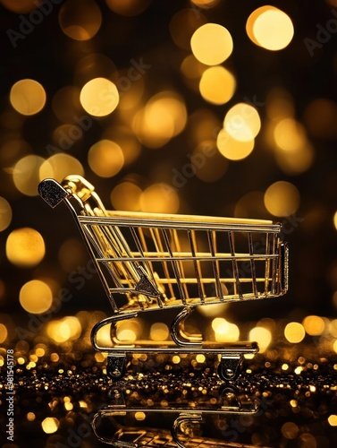 Golden shopping cart on dark background with glittering bokeh: Black Friday shopping concept. Concept Black Friday, Shopping Cart, Glittering Bokeh, Dark Background, Golden Touch