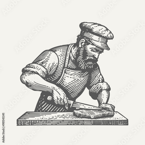 Cutting Meat. Vintage woodcut engraving style vector illustration.