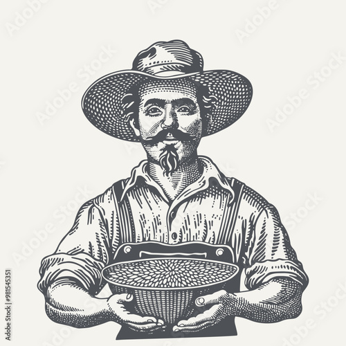 Man Holding a Bowl of Grain. Vintage woodcut engraving style vector illustration.