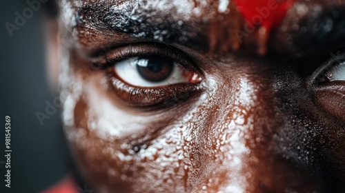 A close-up of a face glistening with sweat and marked with red paint, capturing intense emotions and determination in a raw and expressive visual composition. photo