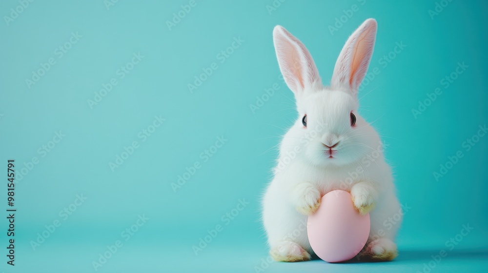 A white rabbit is holding a pink egg in its mouth A white rabbit is holding a pink egg in its mouth