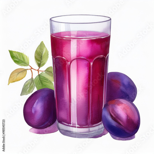 Watercolor painting of fresh plum juice glass. Tasty fruit and healthy drink. Sweet beverage