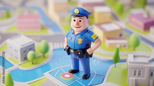 Toy police officer standing on a map of a colorful city photo