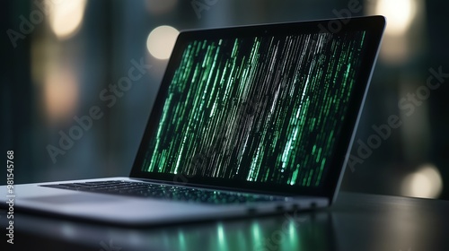 Laptop screen displaying green code in dark setting, cybersecurity concept photo