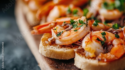 An elegant serving of shrimp canapés garnished with fresh parsley, artfully presented on baguette slices, perfect for a sophisticated appetizer at any high-end event or gathering. photo