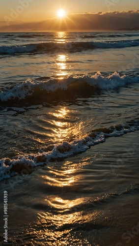 Serene ocean waves at golden hour with sparkling sunlight.