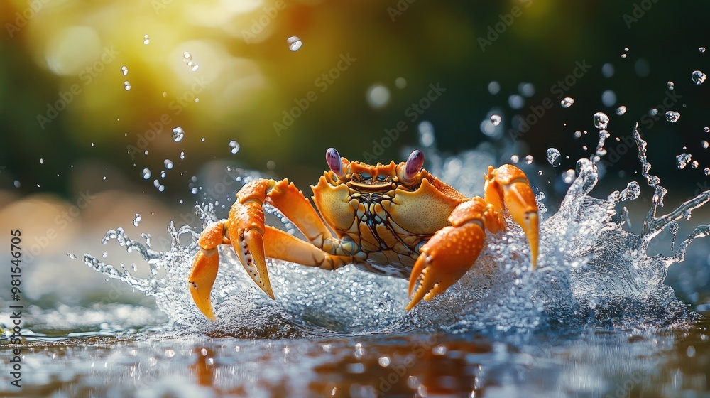 A vibrant orange crab leaps out of the water, creating a spray of water droplets. A vibrant orange crab leaps out of the water, creating a spray of water droplets.