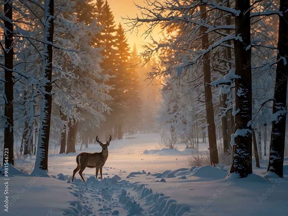 Serene winter scene with a deer at sunset, surrounded by snowy trees. Serene winter scene with a deer at sunset, surrounded by snowy trees.