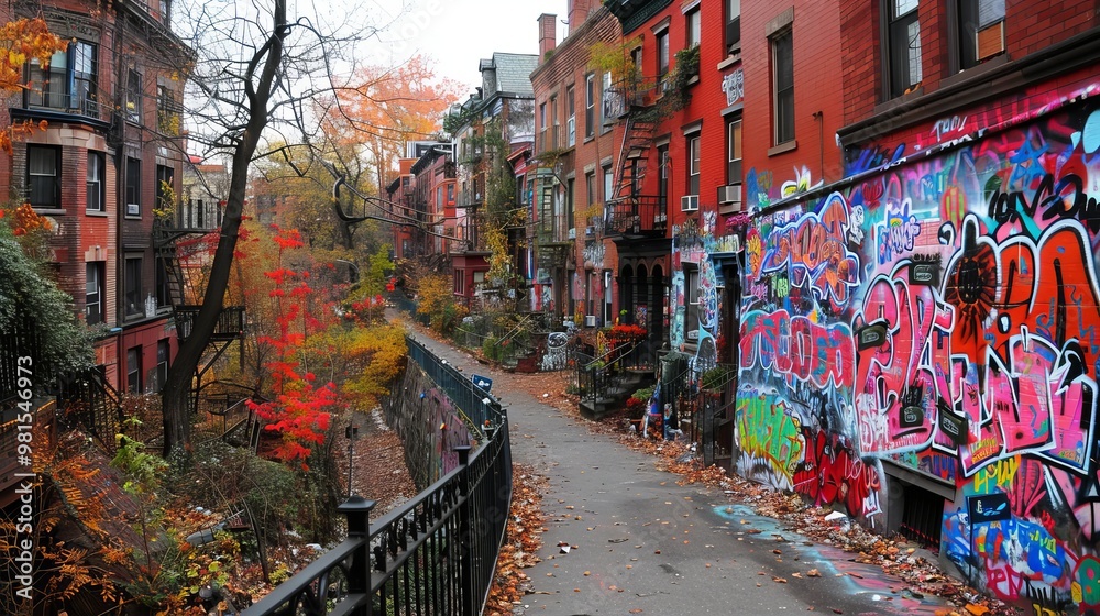 Fototapeta premium Colorful urban mural with empty wall space for customizable text in vibrant setting