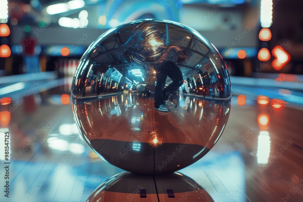 A person is seen standing inside a reflective bowling ball, The reflection of a bowler in a shiny bowling ball A person is seen standing inside a reflective bowling ball, The reflection of a bowler in a shiny bowling ball