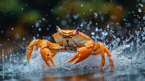 A vibrant orange crab leaps out of the water, creating a splash of droplets.