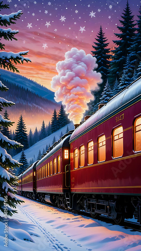 Magical Winter Wonderland with a Christmas Train Through a Snowy Forest, Decorated Pine Trees, Glowing Lights, and Billowing Smoke – Vintage Style Illustration of a Nostalgic Holiday Adventure