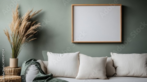 An elegant living room featuring a white sofa and an empty wooden frame on the wall, with a touch of green from the plant, presenting a modern minimalist design. photo