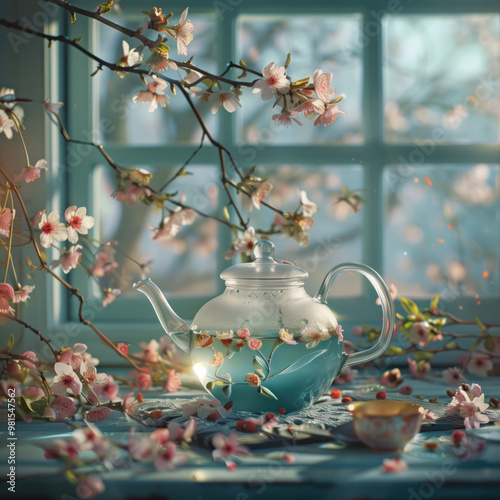 A teapot with flowers in it sits on a table