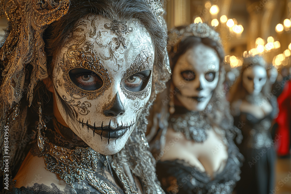 A deathly masquerade ball, where all attendees wear skull masks. Concept of the blending of life and death.