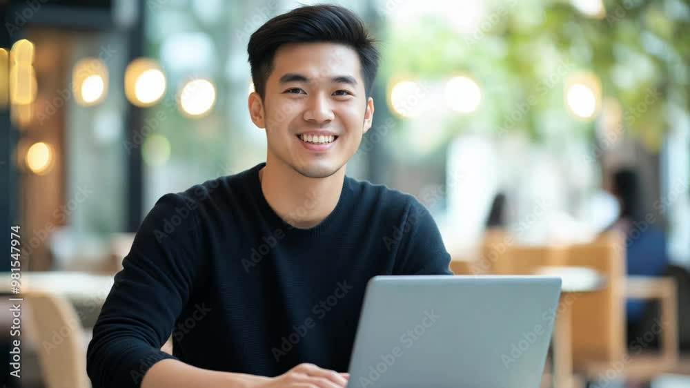 Asian young man at laptop sits at a cafe, happily working online amid a bright and inviting atmosphere filled with plants Asian young man at laptop sits at a cafe, happily working online amid a bright and inviting atmosphere filled with plants