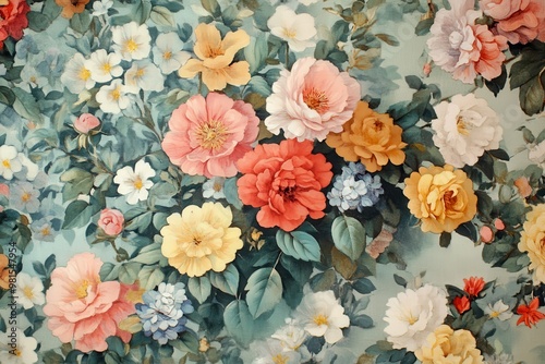 An exquisite retro flower-pattern wallpaper showcasing vibrant colors created from a 3d representation of blooms and green leaves