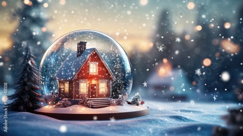 Snow globe with a cozy winter scene, featuring a house, trees, and falling snowflakes