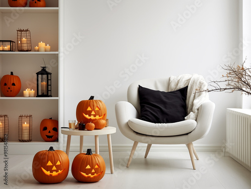 Scandinavian scandi modern minimalist cozy living room interior with fall and halloween decor photo