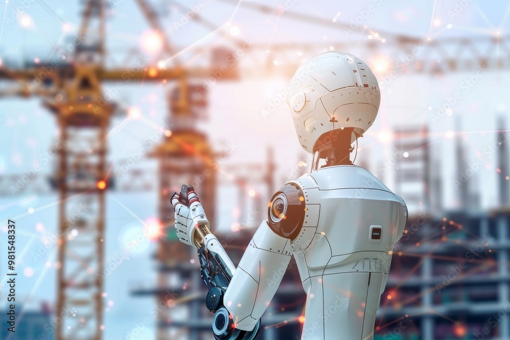 A robot holding a piece of machinery in front of a busy construction ...