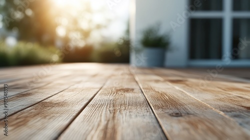 A serene, close-up view of a modern patio deck basking in the soft morning sunlight, suggesting tranquility and a welcoming outdoor space for relaxation.