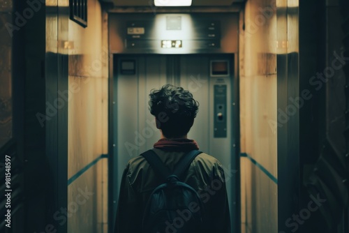 A man wearing a backpack walks down a hallway, The satisfaction of a successful lift photo