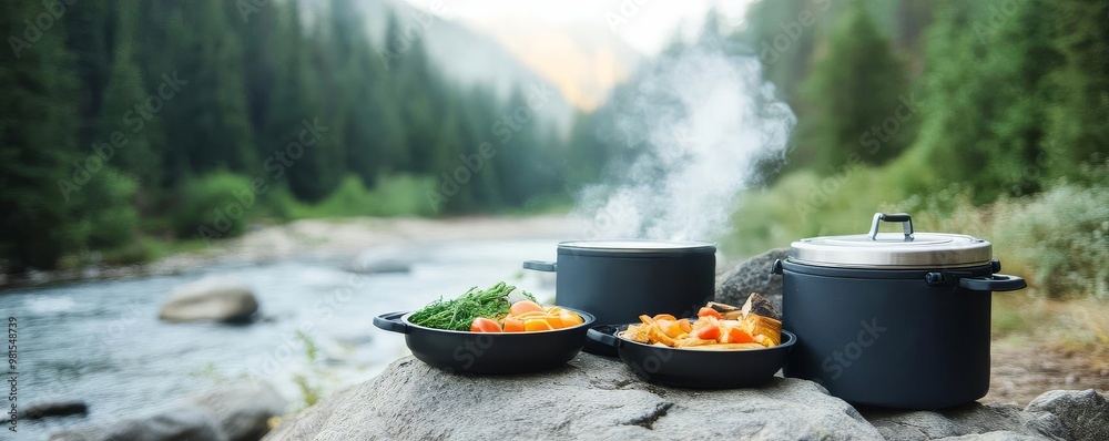 Lightweight, collapsible cooking gear set up on a rock by a riverbank, steam rising, hiking trail gear, gourmet meals in the wild Lightweight, collapsible cooking gear set up on a rock by a riverbank, steam rising, hiking trail gear, gourmet meals in the wild