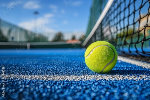 Tennis ball resting on vibrant blue tennis court surface, The satisfying bounce of a ball on a well-maintained court