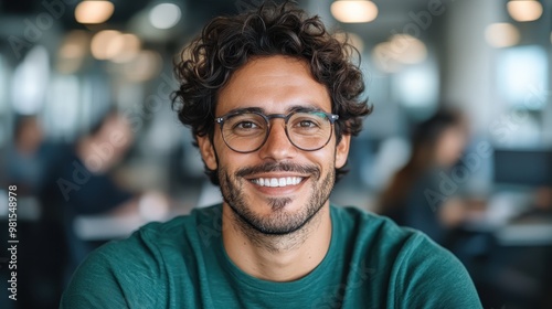 A confident man with glasses smiles at the camera while seated in an office setting, highlighting a blend of professionalism and approachable warmth.