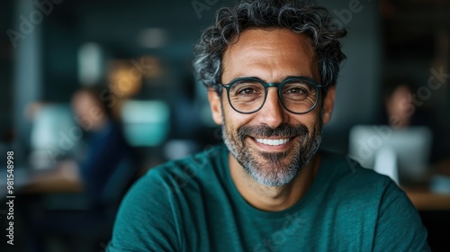 A mature man with graying hair and glasses sits confidently, smiling warmly in a professional office setting, conveying experience and friendliness.