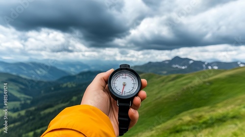 Mid-range zoom on a person checking a barometric altimeter, dramatic clouds forming, hiking trail gear, tracking weather changes
