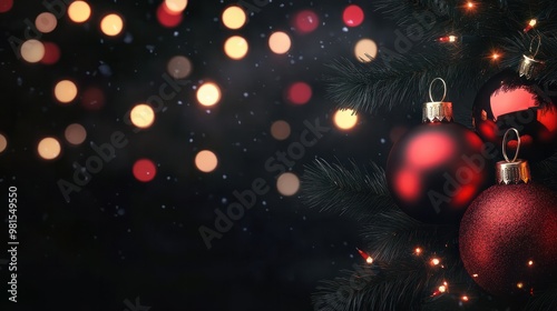 Weihnachtliches Banner vor schwarzem Hintergrund mit roter Christbaumkugel rechts und bunten Lichtern im Hintergrund, Querformat photo