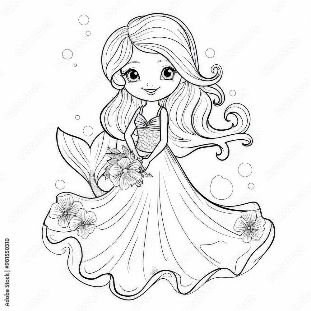 coloring page, cartoon style, A mermaid Dress with flowers, clean lines coloring page, cartoon style, A mermaid Dress with flowers, clean lines
