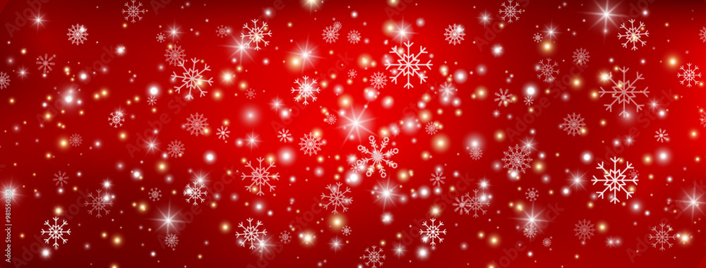 Christmas red background with snow, white falling snowflakes, glowing light. Snowy winter design. Gold glitter star and particle. Magic snowfall. New Year background. Fairy bulb. Vector illustration Christmas red background with snow, white falling snowflakes, glowing light. Snowy winter design. Gold glitter star and particle. Magic snowfall. New Year background. Fairy bulb. Vector illustration