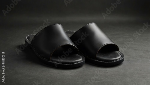 Simple black leather slippers on a white background.